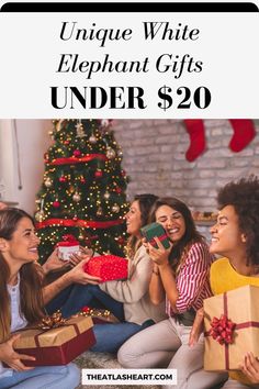 three women sitting on the floor with presents in front of them and text reading unique white elephant gifts under $ 20