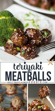 meatballs and broccoli on a white plate with text overlay that reads teriyaki meatballs