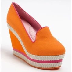 Philip Simon Abbe Wedge Cora New - Size 6.5 - New With Box - Orange And Pink Main Colors Lace Up Wedges, Leather Boot Shoes, Wedge Sneakers, Womens Shoes Wedges, Espadrilles Wedges, Fashion Essentials, Main Colors, Orange Pink, Black Cream