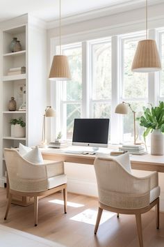 a home office with two chairs and a computer on a desk in front of a window