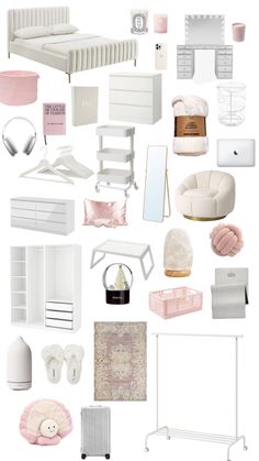 a collage of white furniture and accessories in pastel pinks, whites and neutrals