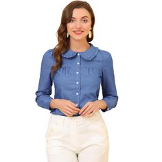 The Allegra K Denim Top for Women features a classic jeans blouse design with a button-front and turndown collar. Made from 85% cotton and 15% polyester, this regular fit top offers long sleeves and a denim vibe perfect for upcoming seasons. Ideal for casual settings, this blouse suits various occasions such as dates, shopping, work, and daily wear. Its versatile design keeps you in control of any casual vibe, making it a staple piece in your wardrobe. Collared Denim Blue Blouse For Work, Collared Denim Blue Blouse With Button Closure, Slim Fit Collared Blouse With Buttons, Denim Blue Collared Workwear Blouse, Denim Blue Collared Blouse For Work, Denim Blue Collared Blouse With Button Closure, Denim Blue Button-up Workwear Blouse, Collared Denim Blue Cotton Blouse, Collared Denim Blouse For Work