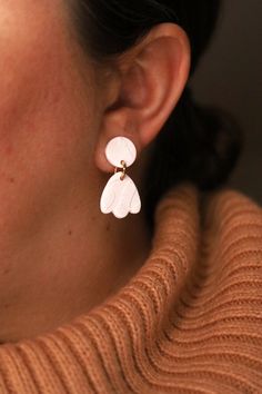 "\"Polymer clay earrings made entirely by hand, very slowly, in small batches. Non-allergenic, fade-free medical grade titanium posts. Approximate dimensions: 3cm x 2cm\"" Everyday White Clay Jewelry, White Clay Earrings As Gift, White Clay Earrings For Gift, White Clay Earrings For Gifts, Nickel-free White Clay Jewelry, Hypoallergenic White Plug Earrings, Adjustable Hypoallergenic White Plug Earrings, Minimalist Hypoallergenic Polymer Clay Earrings, Minimalist White Plug Earrings As Gift