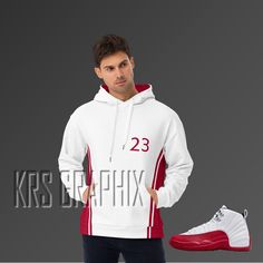 🔥🔥Get ready to rep your love for the iconic Jordan 12 Cherry colorway in style with this comfy and stylish two tone-inspired unisex hoodie! 🔥🔥 Made with a soft and comfortable fabric, this hoodie is perfect for wrapping up in on a chilly evening. The relaxed fit is comfortable and flattering for both men and women. 🎁🎁The perfect gift for any sneakerhead, this hoodie is made from a blend of 70% polyester, 27% cotton, and 3% elastane, and features a soft cotton-feel fabric face, double-lined hood with design on both sides, and overlock seams. It also comes with drawstrings. 🚫🚫Please note that the Jordan 12 Cherry shown in the images is not included, and any shoes displayed in our listings are sold separately and are only used for marketing purposes. 🧼🧼When it comes to care, this ho Team-colored Long Sleeve Hoodie For Streetwear, Team-colored Long Sleeve Hoodie Sportswear, Team-colored Long Sleeve Sports Hoodie, Team-colored Long Sleeve Sportswear Hoodie, White Hip Hop Fleece Hoodie, White Hip Hop Sweatshirt With Drawstring Hood, White Sporty Sweatshirt With Contrast Color, White Sweatshirt With Contrast Color For Fall, White Long Sleeve Hoodie For Sports Season