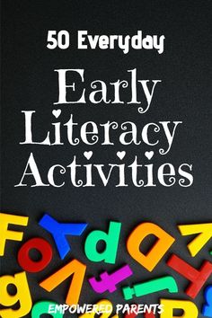 the cover of 50 everyday early library activities for children with letters and numbers on it