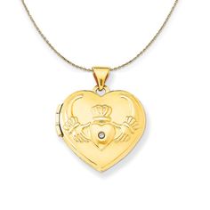 14k Yellow Gold Heart Shape Diamond Claddagh Locket Necklace Claddagh Necklace, With My Love, Bow Jewelry, Bezel Set Diamond, Heart Shaped Diamond, Jewelry Companies, Black Bow, Gold Heart, Locket Necklace