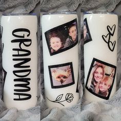 three personalized tumbles with pictures on them