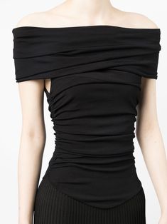 Black Marca off-shoulder pleated dress from KHAITE featuring off-shoulder, ruched bodice, pleated skirt, floor-length and stretch-design. | KHAITE Marca off-shoulder pleated dress Black Off Shoulder, Bodice Dress, City Dress, Maxi Jersey Dress, Ruched Bodice, Silk Maxi Dress, Necklines For Dresses, Ruched Dress, White Maxi Dresses