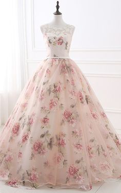 White Pink Floral Print Ball Gown Pearls Appliques Floor Length Scoop Prom Dress sold by Foral Print Dress on Storenvy Court Train Prom Dress, Tulle Embroidery, Evening Dress Long, Prom Dresses Long Pink, Elegant Ball Gowns, Floral Prom Dresses, Long Prom Gowns, Gowns Prom, Gown Prom