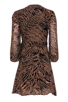 Show off your wild side in this dress from Ganni! This tiger striped frock is perfect for adding a hint of sexy print to any look. Pair with black pumps, a designer leather clutch, and red lipstick for you next after work dinner and drinks. Size 4 (EU 36) 100% Viscose Wrap close Lined body Wrap silhouette Surplice neckline Quarter sleeves Bust 32" Waist 28" Shoulder to hem 33" Sleeve length 17" Mini Dress With Tiger Print For Night Out, Tiger Print Mini Dress For Night Out, V-neck Zebra Print Party Dress, Spring Party Dress With Zebra Print, Chic Tiger Print Summer Dress, Tiger Print Mini Dress For Party, Chic Summer Tiger Print Dress, Chic Summer Dress With Tiger Print, Spring Party Mini Dress With Tiger Print