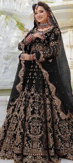 Black and Grey color Lehenga in Velvet fabric with Embroidered, Mirror, Thread, Zari work Black Gown With Dabka Work For Reception, Black Wedding Lehenga With Dabka Work, Wedding Lehenga With Dabka Work In Black, Black Embroidered Semi-stitched Gown, Black Salwar Kameez With Zari Work For Wedding, Black Gown With Resham Embroidery For Wedding, Black Floor-length Sharara For Wedding, Black Semi-stitched Wedding Gown, Black Wedding Gown With Resham Embroidery