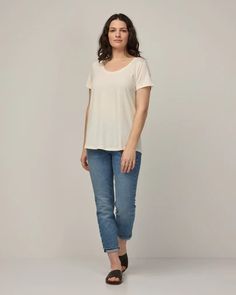 Stella Merino Wool Scoop Neck Tee - Natural White - wool& Versatile T-shirt With Shirttail Hem, Basic Short Sleeve Top With Shirttail Hem For Everyday, Relaxed Fit Short Sleeve Top, Everyday Relaxed Scoop Neck Top, Relaxed Everyday Scoop Neck Tops, Relaxed Scoop Neck Top For Everyday, Relaxed Fit Scoop Neck Top For Everyday, Basic Everyday Tops With Scoop Neck, Basic Scoop Neck Tops For Everyday