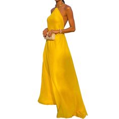 Polyester Yellow Solid Color Sundress, Casual Yellow A-line Maxi Dress, Elegant Yellow Summer Dress, Elegant Yellow Summer Maxi Dress, Elegant Yellow Solid Color Dress, Chic Mustard Maxi Dress For Party, Yellow Solid Color Maxi Dress For Spring, Yellow A-line Dress For Summer, Yellow Party Dress Solid Color