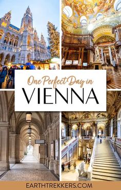 the inside of an old building with stairs and arches in front of it that says one perfect day in vienna