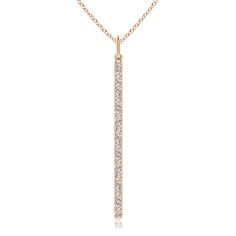 This vertical bar pendant is designed in 14k rose gold and steals the spotlight with its modish and unassuming elegance. The round diamonds are secured in a prong setting and exude irresistible brilliance. Bar Pendant Necklace, Vertical Bar, Bar Pendant, 18k Rose Gold, Diamond Pendant, Prong Setting, Colored Diamonds, Round Diamonds, Gemstone Jewelry