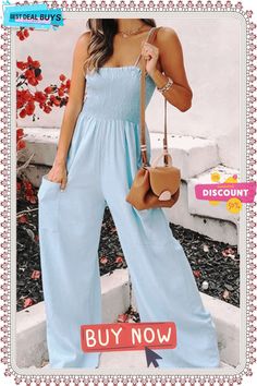 Fashion Living Solid Pocket Spaghetti Strap Loose Jumpsuits(5 Colors) Spring Vacation Jumpsuits And Rompers With Pockets, Non-stretch Solid Color Summer Jumpsuits And Rompers, Non-stretch Solid Color Jumpsuits And Rompers For Summer, Trendy Spring Jumpsuits And Rompers With Spaghetti Straps, Trendy Spring Jumpsuit With Spaghetti Straps, Solid Color Non-stretch Summer Jumpsuits And Rompers, Trendy Jumpsuits And Rompers With Spaghetti Straps For Spring, Summer Jumpsuits And Rompers In Solid Color, Trendy Spaghetti Straps Jumpsuits And Rompers For Spring