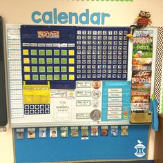 a bulletin board with pictures and calendars on it