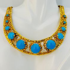 "In Excellent Condition  Rich Blue Turquoise Glass showcased in Brilliant Golden Hardware  Fits beautifully with Signed Christian Dior 1965 Cartouche  14.5\" length" Glass Showcase, Seashell Earrings, Goddess Necklace, Ceramic Necklace, Vintage Trifari, Bib Necklaces, Turquoise Glass, Blue Turquoise, Baroque Pearls