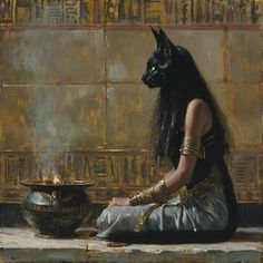 a painting of a woman sitting on the ground next to a bowl with an animal's head in it