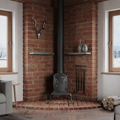 a living room with brick walls and a wood burning stove in the middle of it