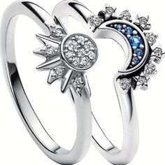 2pcs Bohemian Style Ring Set, Rhinestone, Sun & Blue Crescent Moon Design Size 7 Friendship Promise, Sun And Moon Ring, Moon Rings, Celestial Sun And Moon, Sun And Moon Rings, Celestial Ring, Moon And Star Ring, Celestial Sun, Couples Ring Set