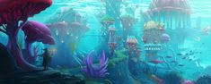 an underwater scene with many different types of plants and animals in the water, including jellyfish