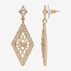 Dazzling crystals drop earrings, carefully arranged in a diamond like shape for an accessory that dazzles and delights.Bead Type: CrystalEarring Back: PostMetal Color: Gold ToneEarring Length: 2 InchEarring Width: 20mmCare: Wipe CleanEarrings Style: Drop EarringsMetal: AlloyCountry of Origin: Imported Crystal Diamond Cut Earrings For Parties, Diamond Cut Crystal Earrings For Party, Party Crystal Diamond Cut Earrings, Party Crystal Earrings With Diamond Cut, Elegant Diamond Shaped Earrings With Diamond Accents, Elegant Diamond-shaped Earrings With Diamond Accents, Diamond-shaped Diamond Earrings For Wedding, Diamond Cut Cubic Zirconia Diamond-shaped Earrings, Diamond-cut Cubic Zirconia Diamond-shaped Earrings