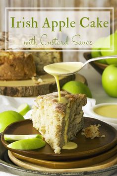 a slice of irish apple cake with custard sauce being poured on it and apples in the background