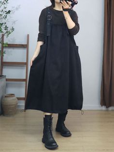 Styles:	Street
Material:	100% Cotton
Clothing Length:	Mid-Calf
Sleeve Length:	Sleeveless
Collar:	Square Collar
Pattern:	Solid Color
Season:	Spring/Fall

#overall #dress #aline #black Casual Cotton Sleeveless Dress For Fall, Black Cotton Midi Dress With Pockets, Casual Black Sleeveless Dress For Fall, Black Sleeveless Dress With Pockets, Casual Sleeveless Dress For Work In Fall, Casual Sleeveless Dress For Fall Workwear, Casual Black Sleeveless Dress With Pockets, Sleeveless Dresses With Pockets For Fall, Fall Overall Dress