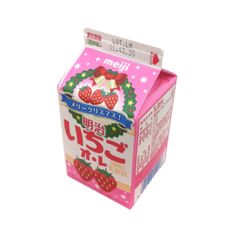 a pink carton with strawberries and stars on the front, in japanese language