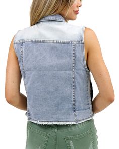 Light-Wash Soft Wash Denim Vest | Light-Wash Denim Vest Our Soft Wash line keeps getting better and better with the new Soft Wash Denim Vest! Made with a go-with-anything light-wash denim, this vest is flattering, soft, and made for warmer temps! Trendy, frayed hem and added stretch make this denim vest a new favorite go-to no matter your style. Why you’ll love it: Flattering, drapey soft-washed light wash denim vest with ultra-soft, comfy stretch that’s a signature of our Soft Wash line On tren Medium Wash Washed Denim Top, Light Wash Denim Vest With Frayed Hem For Spring, Acid Wash Denim Top, Washed Trendy Denim Vest, Dark Wash Denim Vest With Frayed Hem, Denim Blue Tops For Layering, Spring Medium Wash Chambray Denim Jacket, Dark Wash Denim Top With Frayed Hem, Spring Dark Wash Denim Vest With Frayed Hem