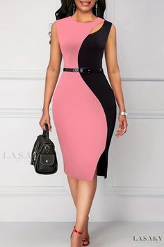 Lasaky - Chic Sleeveless Dresses with Patchwork Design, Hollow Detailing, Belt Accent, and O-Neck Contrast Neck Lines, Corporate Dress, Dinner Dress Classy, Work Dresses For Women, Fashion Dresses Online, Sleeveless Dresses, Work Dresses, Classy Dress Outfits, Classy Work Outfits