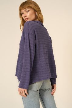 Lusting after: light, textured layers.Our Capistrano Collared Pullover is channeling allll of the coastal grandma vibes that we're obsessed with. This sweater knit fabric has a visually interesting texture, with a light mineral wash on top. The overall fit is relaxed, with a collared neckline, drop shoulders, and wide sleeves. Pair with denim shorts or throw on over a bikini on your next vacay. 62% Polyester33% Cotton5% Spandex Care Instructions:Machine wash cold. Wash inside out with similar co Knit Textured Tops For Layering, Textured Long Sleeve Tops For Fall, Textured Long Sleeve Spring Sweater, Casual Textured Sweater For Fall, Cotton Textured Knit Top For Layering, Casual Long Sleeve Textured Sweater, Casual Textured Long Sleeve Sweater, Casual Textured Tops For Layering, Relaxed Fit Textured Knit Sweater For Layering