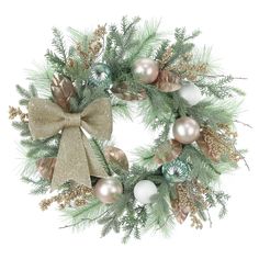 a christmas wreath decorated with pine cones, ornaments and a burluck bow on a white background