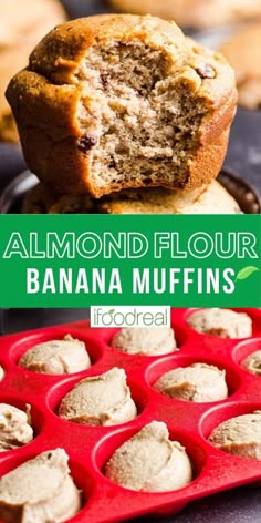 banana muffins are stacked on top of each other in a muffin pan