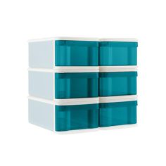 three plastic storage containers stacked on top of each other, one blue and the other white