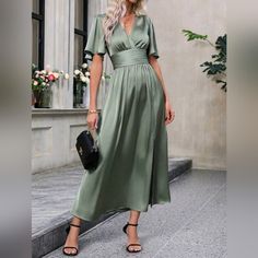 New Chic Flowy Flutter Sleeve Ruched Maxi Dress Split * Flutter Short Sleeve * Wrap V Neck, Surplice * Ruched High Waist * Smocked Stretch Back * Flowy A Line Long Skirt * Split Leg Hem *Approximate Unstretched Measurements* Xs (2) *Bust 41.75" *Waist 33"(Up To 26.5") * Sleeve Length 11" * Length 54.25" Small (4) *Bust 35.5" *Waist 26.75"(Up To 28") * Sleeve Length 10.25" *Length 52" Medium (6) *Bust 37" *Waist 28.25"(Up To 30") * Sleeve Length 10.5" * Length 52.75" Large (8/10) *Bust 39.5" *Wai Spring Midi Dress With Gathered Waist For Date Night, V-neck Midi Dress With Pleated Waist For Brunch, Fitted Midi Dress With Pleated Waist For Brunch, Chic Midi Dress With Pleated Waist For Garden Party, Elegant V-neck Midi Dress With Gathered Waist, Flowy Brunch Dress With Pleated Waist, Elegant Pleated Waist Midi Dress For Garden Party, Flowy Dress With Pleated Waist For Brunch, Elegant Midi Dress With Pleated Waist For Garden Party