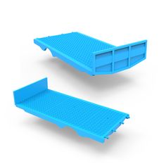 two blue plastic shelves sitting next to each other