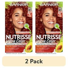 Garnier Nutrisse Ultra Color Bold Permanent Hair Color Kit, RC1 Med Copper Red, Creme delivers up to 8 weeks of bold vibrant color for all hair textures and even dark bases with intensity-enhancing Color Boost technology. Garnier Nutrisse is the only hair color cr\\x8fme with a separate ampoule of grapeseed oil that you snap and pour directly into your mix. Lock in moisture and color with our after color conditioning mask infused with triple nourishing oils - avocado, olive, and shea for hair th Hair Color Copper Ginger, Copper Orange Hair, Schwarzkopf Color, Box Dye, Hair Color Orange, Dyed Hair Blue, Dyed Hair Purple, Dyed Red Hair, Hair Color Cream