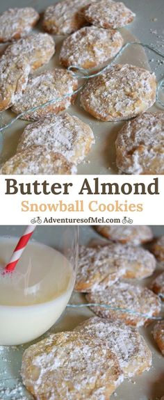 butter almond snowball cookies with a glass of milk