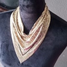 Whiting & Davis Gold Toned W Black Pin Stripe " Disco " Chainmail Mesh Scarf Bib Necklace. Whiting & Davis 100% Authentic Signed True Vintage 1970's Gold Toned Chainmail Oromesh W Black Pin Stripe. Rare Color & Pattern! Adjustable Hook Closure W 2.5" Link Chain. Pre-Owned Excellent+ Wearable Condition! No Issues. Measurements: Length Top Tip To Tip 17", Center Height 9", Chain 2.5" Mesh Scarf, Scarf Bib, Black Pins, Pin Stripe, Bib Necklaces, Bib Necklace, True Vintage, Link Chain, Black Stripes