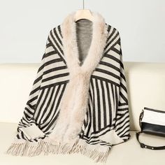 Fur Striped Poncho Cardigan Office Lady Batwing Sleeve Cape Knitted Shawl Sweaters Knitted Long Sleeve Winter Outerwear, Casual Knitted Winter Shawl, Beige Shawl Collar Sweater For Winter, Knitted Shawl Collar Outerwear, Winter Knitted Shawl Collar Cardigan, Knit Outerwear With Shawl Collar, Knitted Shawl Sweater, Winter Cable Knit Sweater With Shawl Collar, Winter Knit Sweater Coat With Shawl Collar