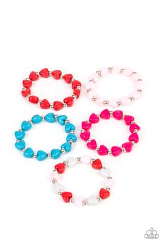 Bracelets in assorted colors. Featuring silver beads, the Valentine's Day inspired stretchy bracelet features heart-shaped beads in shades of Red.

Sold as one kid's stretch bracelet. Ideas Pulseras, Paparazzi Accessories Jewelry, Valentines Bracelets, Bracelet Kits, Paparazzi Accessories, Childrens Jewelry, Stretchy Bracelets, Blue Heart, Colorful Heart