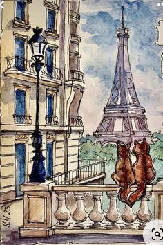 watercolor painting of two cats sitting on a balcony with the eiffel tower in the background