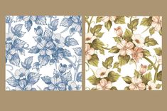 two different floral patterns with blue and white flowers on the same wallpaper, one is in