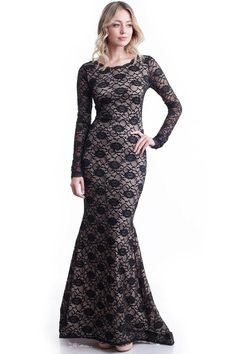 Elegant Queen Elizabeth long sleeved black lace mermaid maxi formal ballgown dress. Black stretch nylon lace over polyester beige knit lining Attached petticoat to flair out bottom skirt Open Keyhole back with zipper Scalloped neckline Small (0-2), Medium (4-6), Large (8-10) Maxi Gown Dress, Lace Mermaid, Mermaid Gown, Gowns Of Elegance, Long Black Dress, Ball Gown Dresses, Maxi Gowns, Long Black, Dressed Down