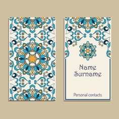 two business cards with blue and yellow floral ornament pattern on them, one is blank