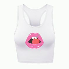 a women's white tank top with an image of a pink lip on it