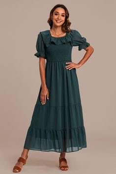 Green Square Neck Smocked Tiered Chiffon Maxi Dress Lace Dress Casual, Green Square, Swimwear Dress, Long Sleeve Short Dress, Mom Dress, Chiffon Maxi, Chiffon Maxi Dress, Fashion Gallery, Tier Skirt