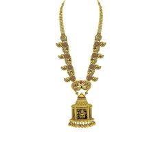 22K Yellow Gold Necklace W/ Ruby, Emerald & Large Laxmi Temple Pendant on Flower Carved Chain - Virani Jewelers Flower Carving, Chain For Women, Yellow Gold Necklace, Ruby Emerald, Temple, Ruby, Emerald, Mango, Gold Necklace